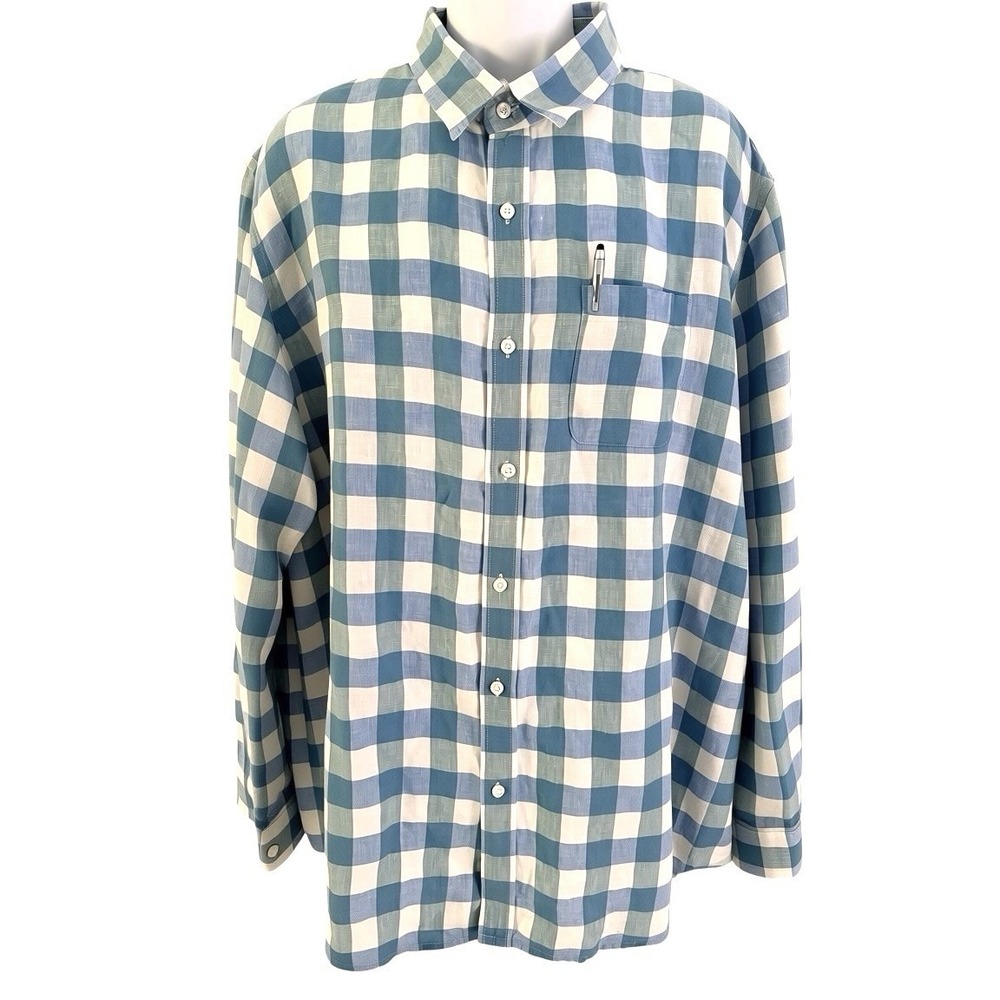 LL Bean Men Shirt XXL Linen Check Plaid Blue Green Slightly Fitted Summer Casual